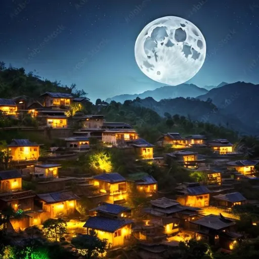 Prompt: Village with full moon and blowing Air 
