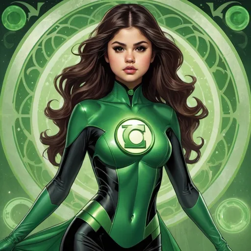Prompt: Selena Gomez as Jessica Cruz Green Lantern by Alphonse Mucha