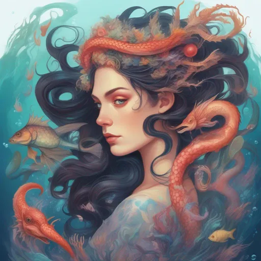 Prompt: A colourful and beautiful Persephone, with brunette hair and her hair being made out of magic and tentacles, with scales on her skin, with a sea-dragon and fish underwater in a painted style surrounded by pearl and coral