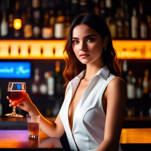 Prompt: Close up photorealism portrait of a girl in a bar, sitting at the bar with a glass of wine, bartender wiping dishes in the background, cigarette smoke, short dress,Dynamic pose, high detail, symmetrical, digital painting Alessio Albi,perfect body, perfect hands, 4k resolution, studio photography