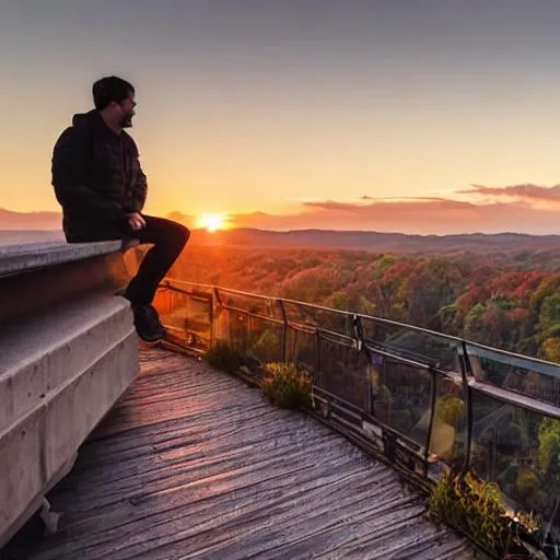 Prompt: A man sitting on the ledge of a high bridge watching the sun rise while life is passing him by abstract 