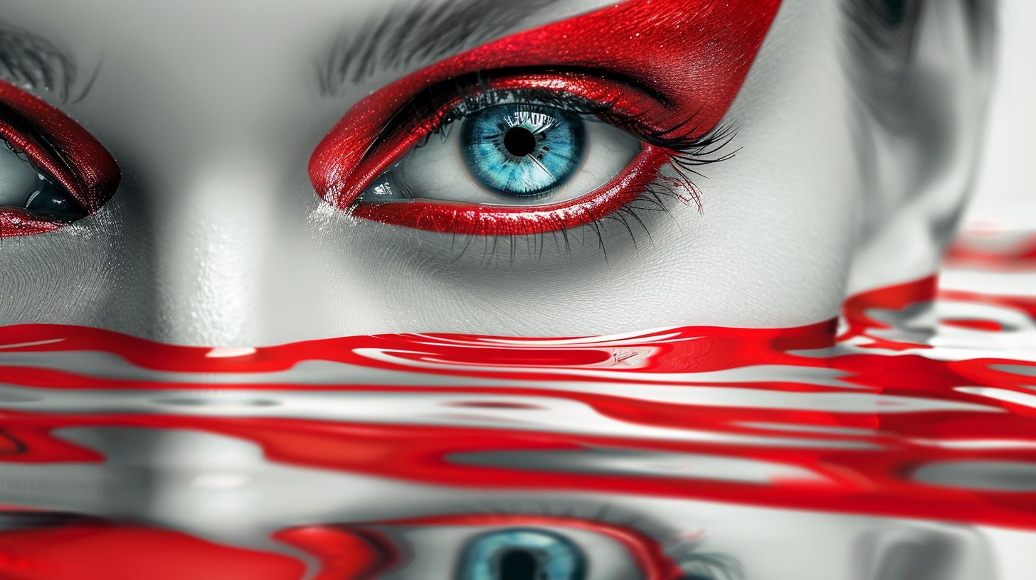 Prompt: Create an artistic image of a female face with high-contrast coloration. The face should be monochrome, with grayscale skin tones. The eyes should be vividly colored with striking blue irises that stand out against the gray skin. The makeup around the eyes should be a bright red, with an abstract, modern design that extends onto the forehead. The image should have a bold, graphic quality with sharp lines and a striking use of red against the grayscale. The background should be simple, with a pattern of red lines that compliment the makeup design. Additionally, the bottom portion of the image should feature a reflective surface, creating a water-like reflection of the face and the red designs, enhancing the surreal and artistic feel of the composition.