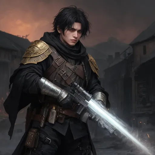 Prompt: A battered and ragged White male with short black hair, a black cloak with leather armor, baggy pants and a rifle made from silver and gold. He has an emotionless face. He is leaning on his Rifle in the middle of a burning village as ash and glowing crimson sparks fall gently from the grey sky. behance HD