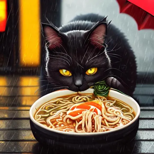 Prompt: cat eating ramen, rainy city, moody 