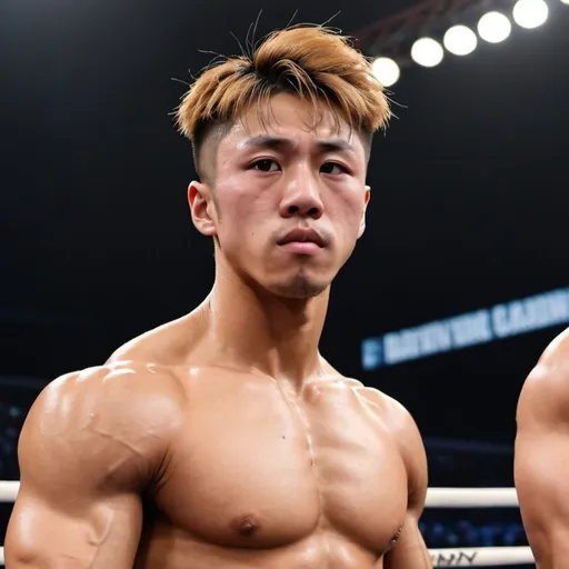 Prompt: Imagine a Japanese boxer resembling Naoya Inoue who has super huge chest muscles. He's flexing his chest and arm muscle in the boxing ring 