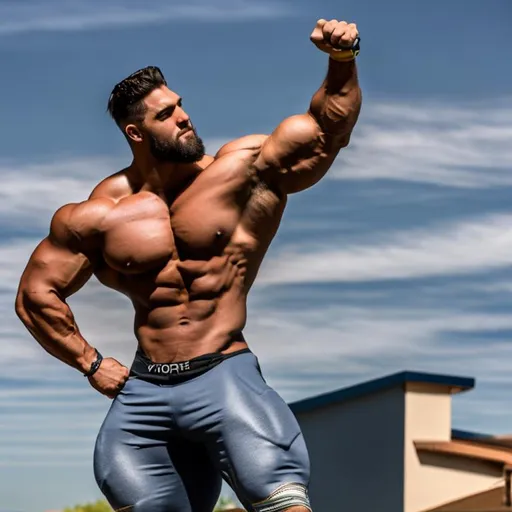 Prompt: Handsome giant hyper muscular  model packed with muscle fills the entire sky with his bulk, shoulders spread across the horizon, biceps larger than his head