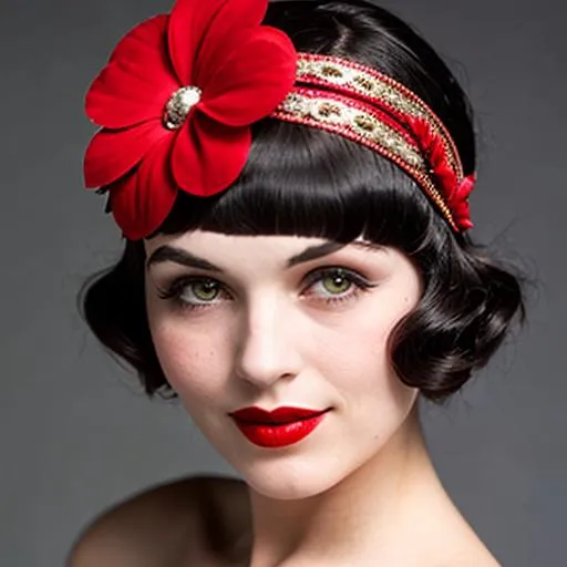 Prompt: 1920s Flapper with red flower headpiece 
