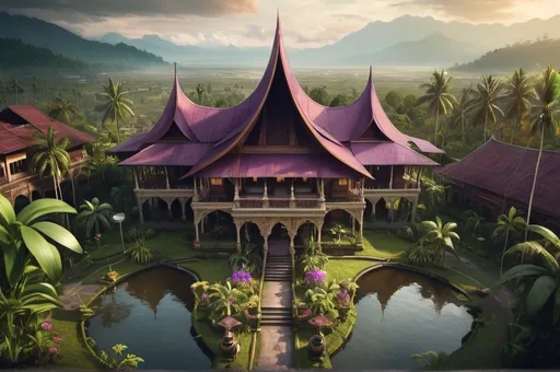 Prompt: Fantasy Illustration of a rumah gadang, sumatra minangkabau architecture, surrounded by a orchid garden, birdview, dramatic fantasy settlement scene, cinematic lighting