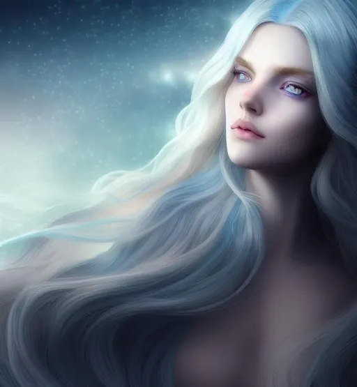 Prompt: beautiful goddess with wavy white hair and blue eyes, wearing stars | symmetrical face, accurate anatomy, masterpiece, cinematic lighting, ultra-fine details, 8k, wallpaper, jrpg illustation, ethereal, photo-realistic | wlop, unreal engine, octane render, cgsociety | fantasy, astral, iridescent, gossamer, auroracore
