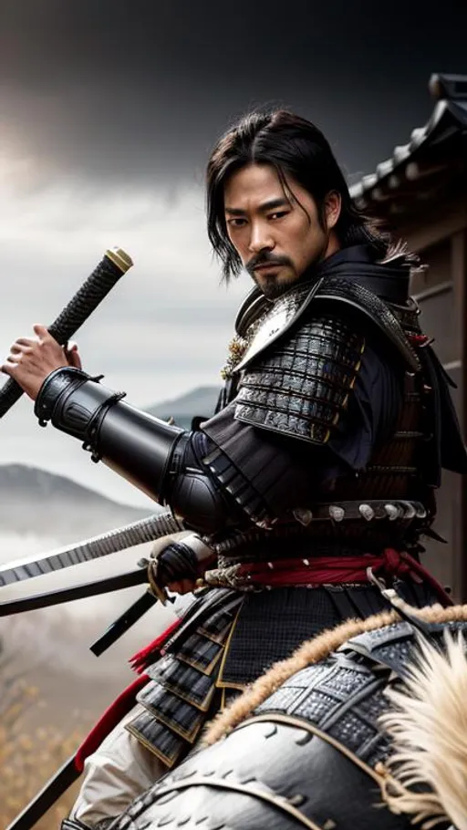 Prompt: Young Hiroyuki Sanada as a Samurai Photorealistic Overdetailed Portrait, Well Detailed face, Black and Dark grey Robes and Armor, Black hair, Detailed Hands, Detailed Twilight Background, Intricately Detailed, Award Winning, Photograph, Film Quality.