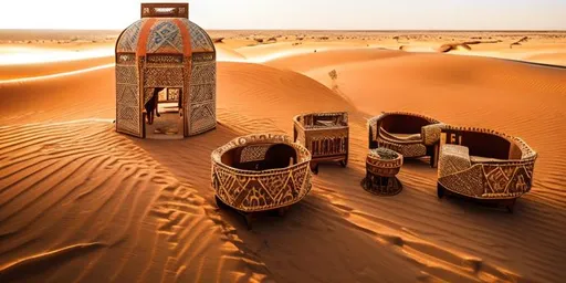 Prompt: In the heart of the vast desert, amidst rolling dunes and scattered palm trees, stands a traditional Qatari tent, known as "bait al-sha'ar." The tent, adorned with intricate patterns, is a testament to Qatar's rich Bedouin heritage.
