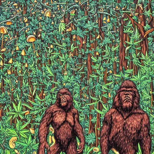 Prompt: Bigfoot surrounded by mushrooms, marijuana plants, lightning bolts and redwood trees in visionary art style