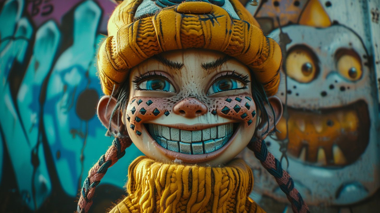 Prompt: graffitti girl with a big smile with diamond braces wearing a yellow knitted tuque pulling it down with pigtails in the style of garbage pail kids x happy tree friends