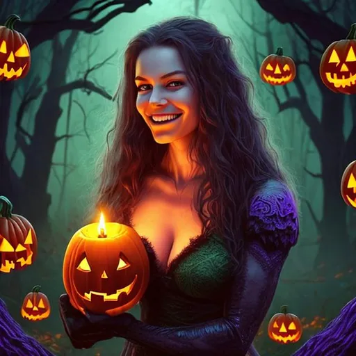 Prompt: Photo realistic. High quality. Young woman very muscular, sinister smile, holding a black cat. Halloween witch wearing tight green lacy dress.  Orange floating jack o lanterns. Purple hazy back light. Mystic Forest.