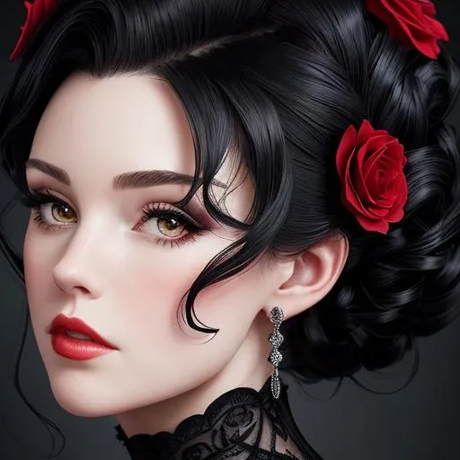 Prompt: Beautiful woman portrait wearing a black evening gown,  black hair, dark eyes, ruby jewelry,elaborate updo hairstyle adorned with flowers, facial closeup