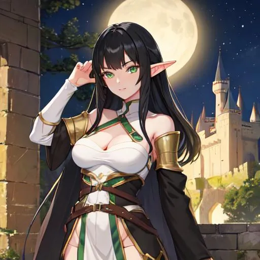 Prompt: Medieval, elf anime girl, black hair, green eyes, near a castle, at night, woman