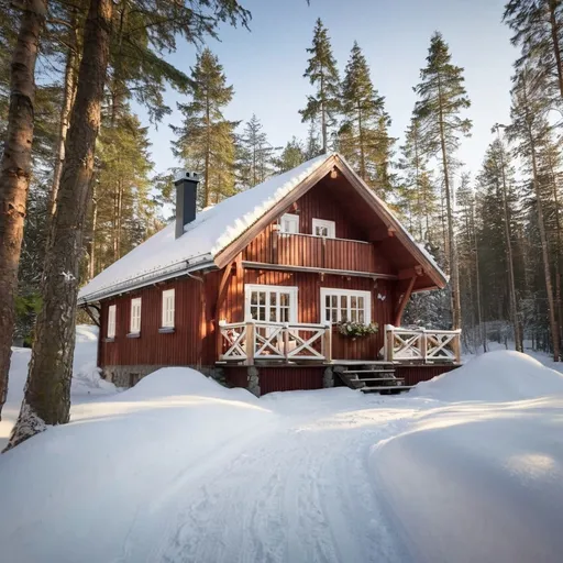 Prompt: In Norway a cabin in the middle of a snowy forest, cozy home background, wooden cottage, solitary cottage in the woods, cottage in the woods, luxurious wooden cottage, cosy enchanted scene, quaint, cozy and calm, cottage in the forest, cozy place, cozy atmosphere, beatiful house, soothing and cozy landscape, a brick cabin in the woods, little cottage