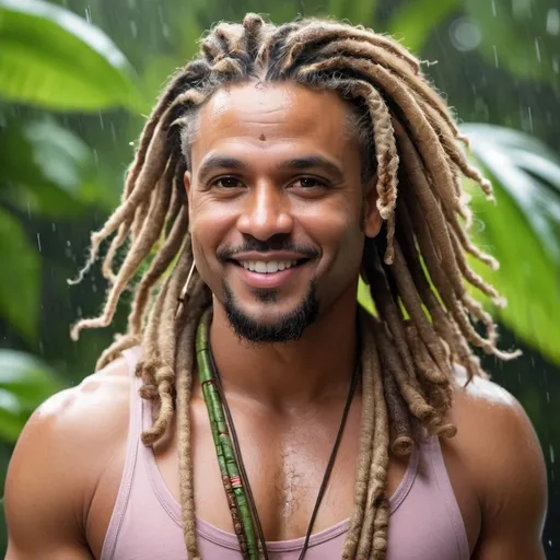Prompt: full body pic of a very handsome, middle-aged Afro-Latino hunky hairy chubby man with longer sandy brown curled dreadlocks, light eyes, thick pink lips, "hyperreal detailed face", calm smile, attractive pink lips, rain forest, travel shot, soaked, detailed facial features, detailed locs, hyperreal, perfect composition, hyperrealistic, super detailed, 8k, high quality, sharp focus, studio photo, photography, natural light, intricate details, highly detailed, hyperrealistic, very long hair locs, soaked