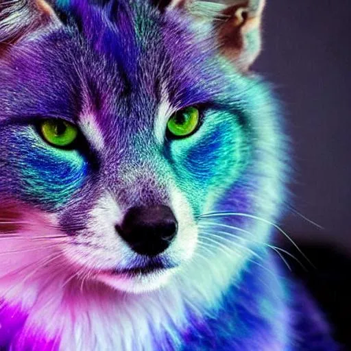 Prompt: Galaxy, purple and blue fur, green eyes, stars in fur, space background, ultra realistic