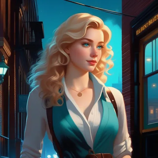 Prompt: Third person, gameplay, American girl, pale skin, freckles, curly blonde hair, teal eyes, 2020s, smartphone, streets of Pittsburgh at night, fog, blue atmosphere, cartoony style, extremely detailed painting by Greg Rutkowski and by Henry Justice Ford and by Steve Henderson 

