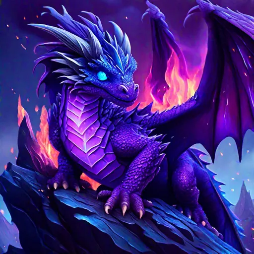 Prompt: Fluffy purple dragon, with glowing blue eyes, volcano with blue lava, relistic