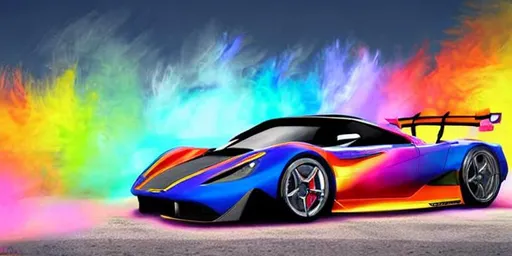 Prompt: Please create a realistic splash art of a full viewed colourful futuristic sport car with colorful background, splashed colours, high quality, highly detailed