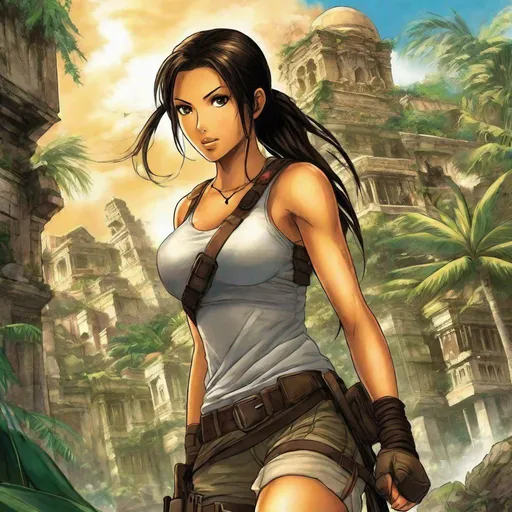 Prompt: anime art, athletic young Indonesian woman, 25 year old, (round face, high cheekbones, almond-shaped brown eyes, small delicate nose, black hair in long braid), dressed as Lara Croft, perfect hourglass figure, action pose, background ruined ancient tropical city, Japanese manga, Pixiv, Fantia