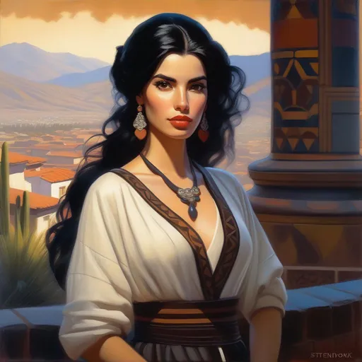 Prompt: Castizo woman, pale skin, black hair, dark brown eyes, in Santiago de Chile, cartoony, cold atmosphere, extremely detailed painting by Greg Rutkowski and by Henry Justice Ford and by Steve Henderson
