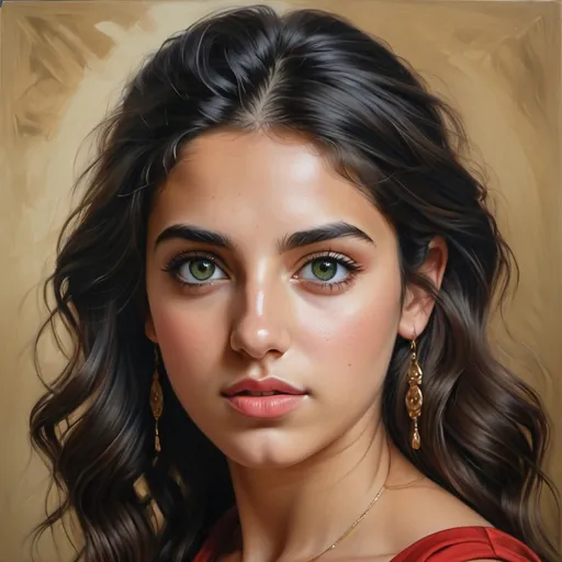 Prompt: Young Greek women, oil painting, hyper realistic, high details, symmetric, perfect eyes, perfect hair, beautiful, dark green eyes, black hair, tan skin, red dress,