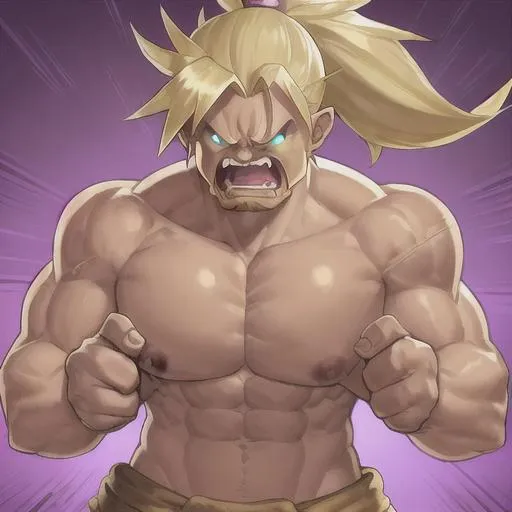 Prompt: Blond, Bulky, Barechested, Clash of Clans Barbarian, Brown Pants, Angry/Rage Mode, Purple Background