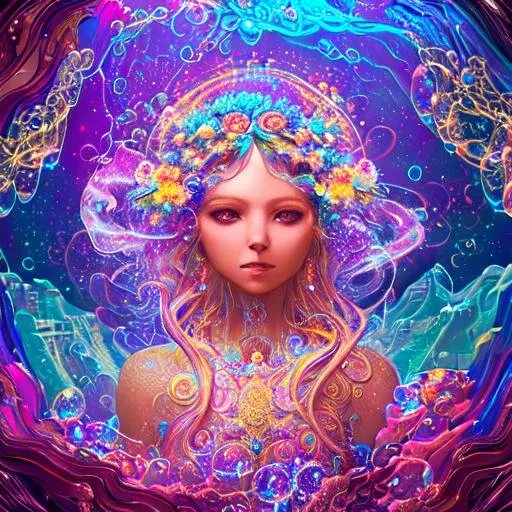 Prompt: intricate portrait of angel Lady in the universe, grand canyon, open bubbles, metal, color, flowers, ornate, intricate, flowing, neon, led, fractals, hyper-detailed, 64K, UHD, HDR, unreal engine, vivid colors