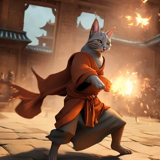 Prompt: tabaxi  monk in flowing attack robes

