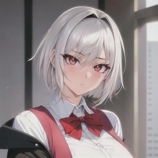 Prompt: 90s anime style, detailed, intricate face, portrait, detailed eyes, gentle tones, 90s tones, 90s era, 1girl, beautiful woman, short hair, {{white hair}}, red eyes, black pupil's, wearing school uniform, mean expression