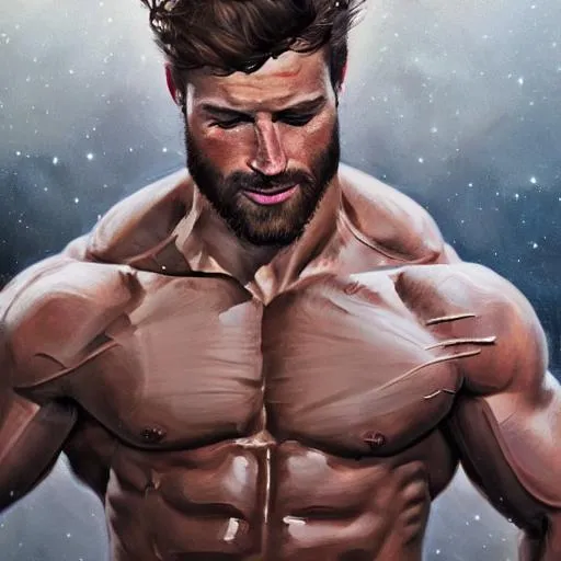 Prompt: Portrait of {handsome muscular men} with {brown} hair and with cute face, {space}, perfect composition, hyperrealistic, super detailed, 8k, high quality, trending art, trending on artstation, sharp focus, studio photo, intricate details, highly detailed, by greg rutkowski, shirtless, full body 