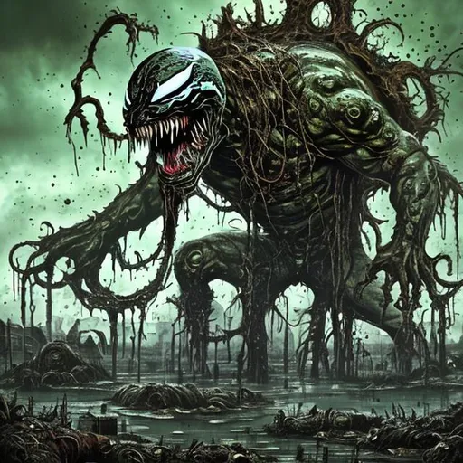 Prompt: Venom, Nurgle, slime, swamp, teeth, pollution, toxic, grimdark, mud, sewers, landscape