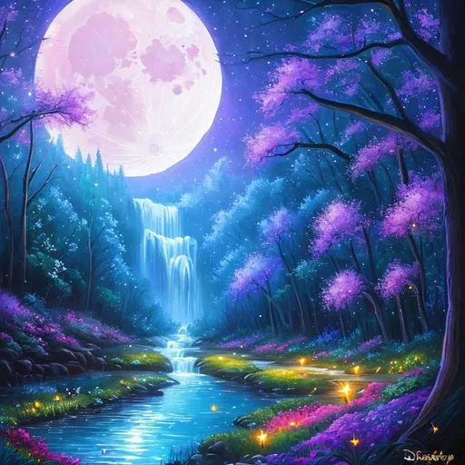 Prompt: Disney style, moon, forest, flowers, nighttime, stream, waterfall, galaxy, soft light, art, painting, sweet, fireflies, spooky dark forest