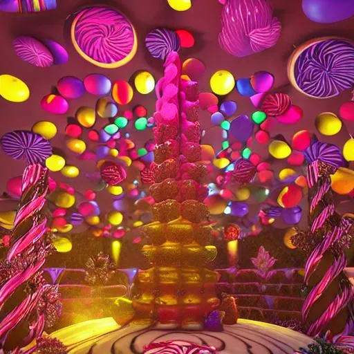 Prompt: Paradise in heaven, Vivid, V-Ray Lighting, Reflections, Refraction, Intricate Details, Realistic, Sharp, Octane Render, UHD, 4K, 8K, pastel colors, chocolate fountain, candy drop trees, beautiful, candy canes, syrup lale, waffle cone mountains, kit cat road

