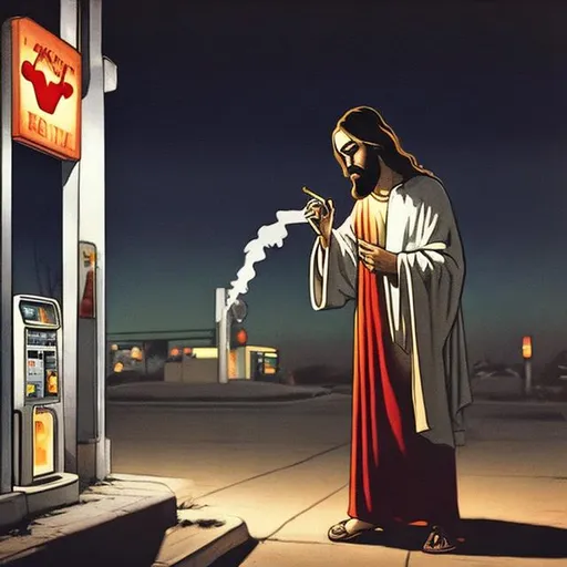 Prompt: Jesus smoking a cigarette outside of a gas station at night