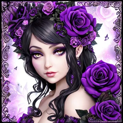 Prompt: fairy goddess, black and purple roses, closeup