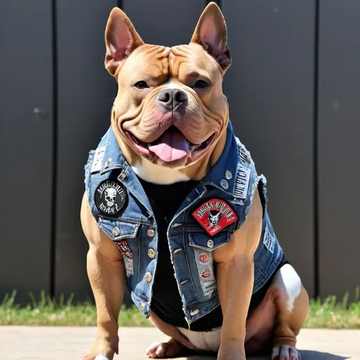 Prompt: American Bully wearing a heavy metal music denim vest with patches
