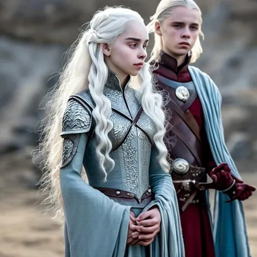 Prompt: Targaryen prince sisters brothers, pale skin, silver, platinum, or gold hair and eyes or light blue, strikingly beautiful, dark red medieval royal clothes