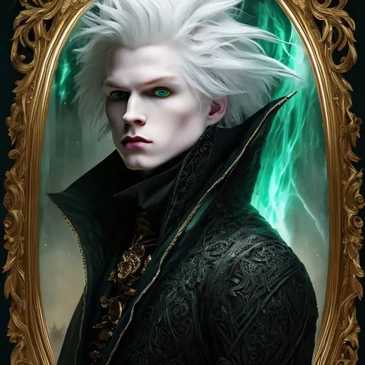 Prompt:  8K, HD, 3D, portrait of wicked dark wizard, albino male, beautiful face, handsome male, dynamic pose,pale beautiful face, full black stunning eyes, delicate face, extra long white straight hair, elegant green wizard clothes, intricate, detailed, charming male, light contrast, noble, perfect anatomy, gothic dark room ambient, perfect male beauty, golden ratio