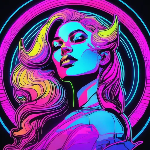 Prompt: a beautiful female demon in a dynamic pose in a retro futuristic synthwave neon paradise.  neon lighting, high quality, beautiful, masterpiece, artistic, synthwave, cyber, retro, futuristic