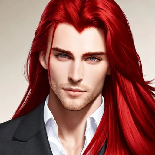 Prompt: A handsome,man with long, silky, blood-red hair