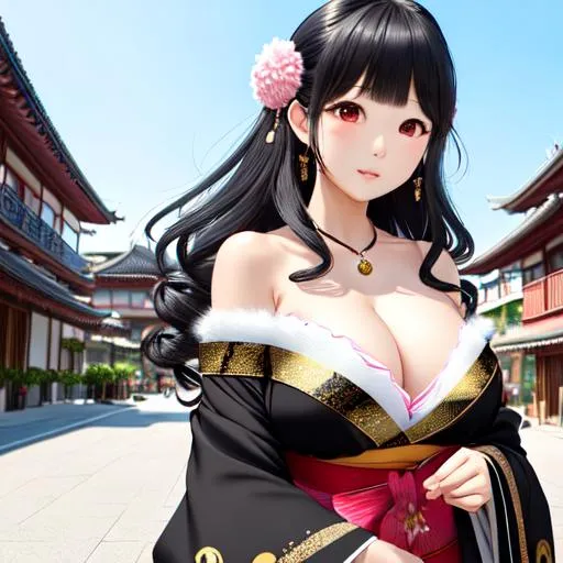 Prompt: Miyukiwii, 1 girl, masterpiece hyper realistic water color pastel mix, big oppai, slender beautiful big body, hyperdetailed luxury pattern black gold off the shoulder fluffy short kimono with garnet ornament, black string knots, flying hyperdetailed fluffy black long hair, stray hairs, beautiful detailed face, beautiful detailed red eyes, beautiful hyperdetail, buildings background, high resolution high quality best resolution...