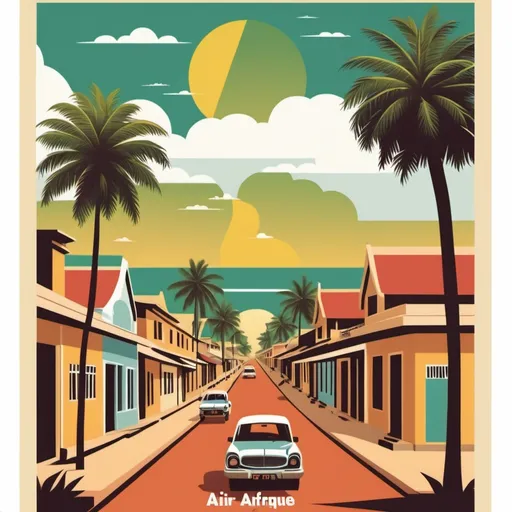 Prompt: crée un poster dans le style des affiches air afrique des années de l'illustrateur Roquin qui représente un paysage typique de la ville de Ouidah au Bénin, sans personnage 