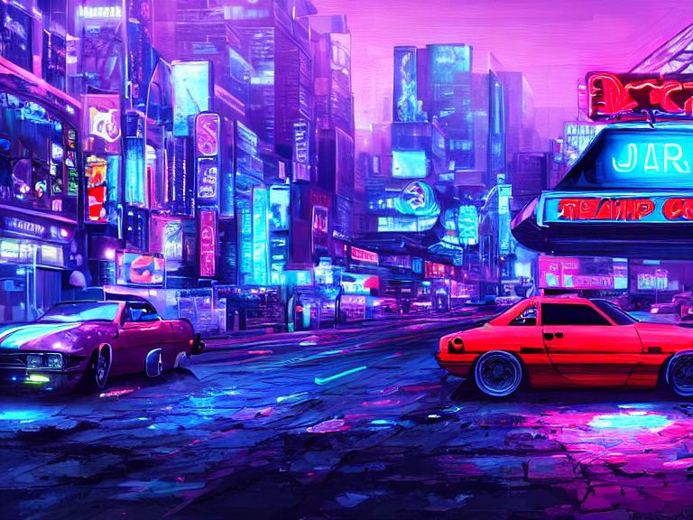 Jdm car, neon signs and city background, highly deta... | OpenArt