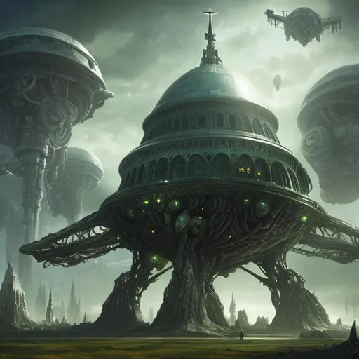 Prompt: fantasy art style, dystopian, egg, aliens, flying, flying church, biological, outer space, green house, jets, jet engine, mechanical, robotic, future, futuristic, flying, space travel
