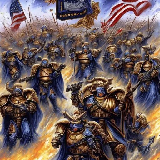 Prompt: donald trump is the emperor of mankind leading his space marines in battle