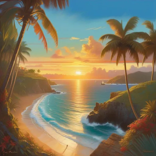 Prompt: Map of Puerto Rico, cartoony, warm atmosphere, extremely detailed painting by Greg Rutkowski and by Henry Justice Ford and by Steve Henderson
